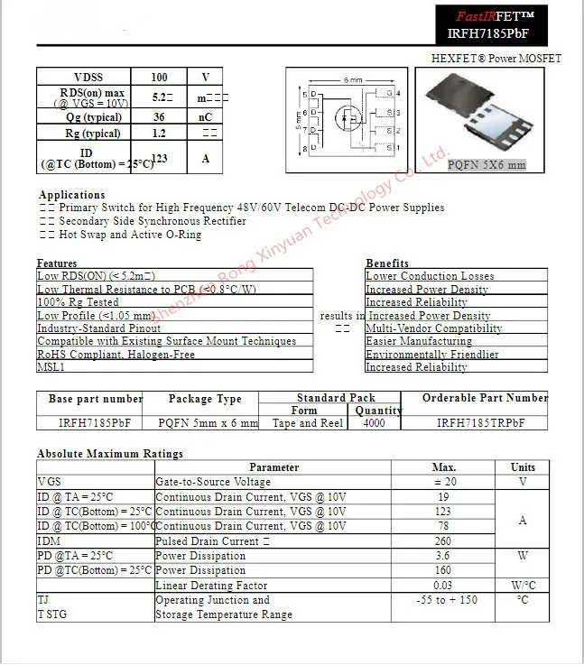 IRFH7185TRPBF IR7185 7185 IRFH7185PBF IR7185PBF IRFH7185 Pqfn 5X6 Mm Hexfet®Công Suất Mosfet 100V 123A 5.2 Mohm 100% Mới Chính Hãng