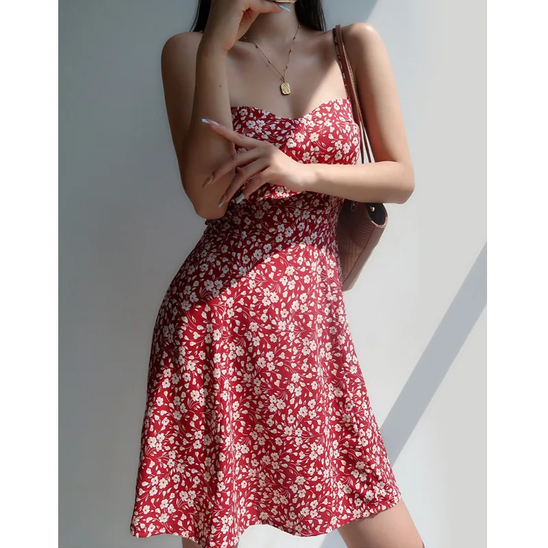 French Retro Girl V-neck Red Floral Suspender Skirt