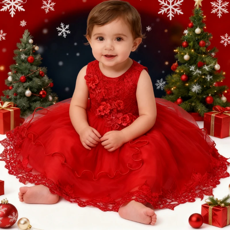 

New Year Christmas Baby Toddler Lace Dress Girls First Baptism Elegant Embroidery Wedding Party Flower Bridesmaid Dresses Up