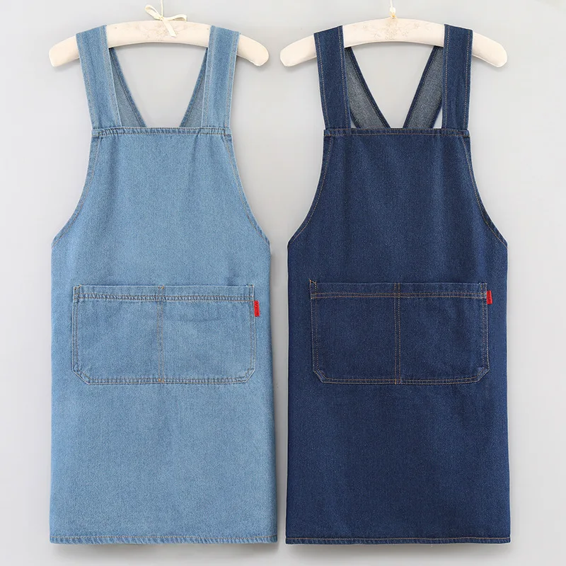 Thick Washed Denim Apron Commercial Work Uniform for Restaurant Waiter Barber Shop Home Kitchen Cooking Wear-resistant Apron