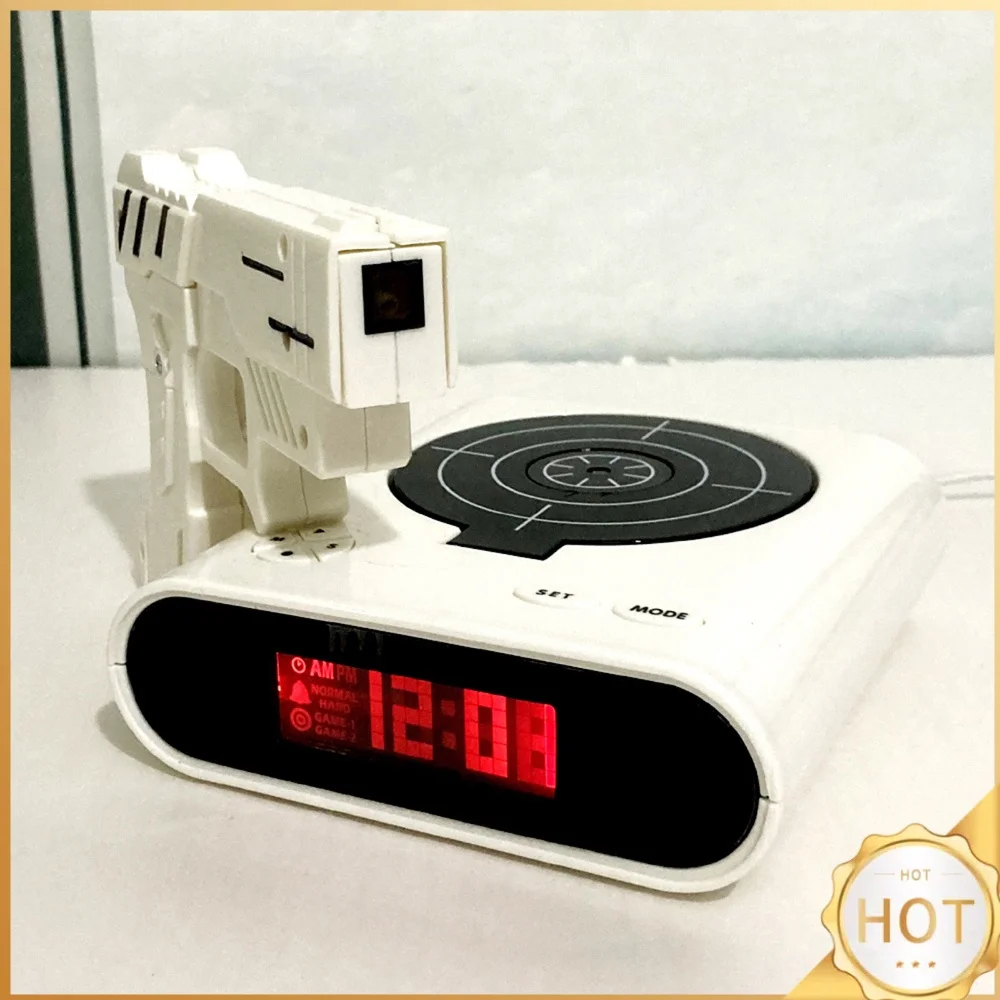 Target Wake UP Alarm Clock with Gun & LED Display Creative Target Shooting Clocks 2 Alarming Modes for Home Office Living Room