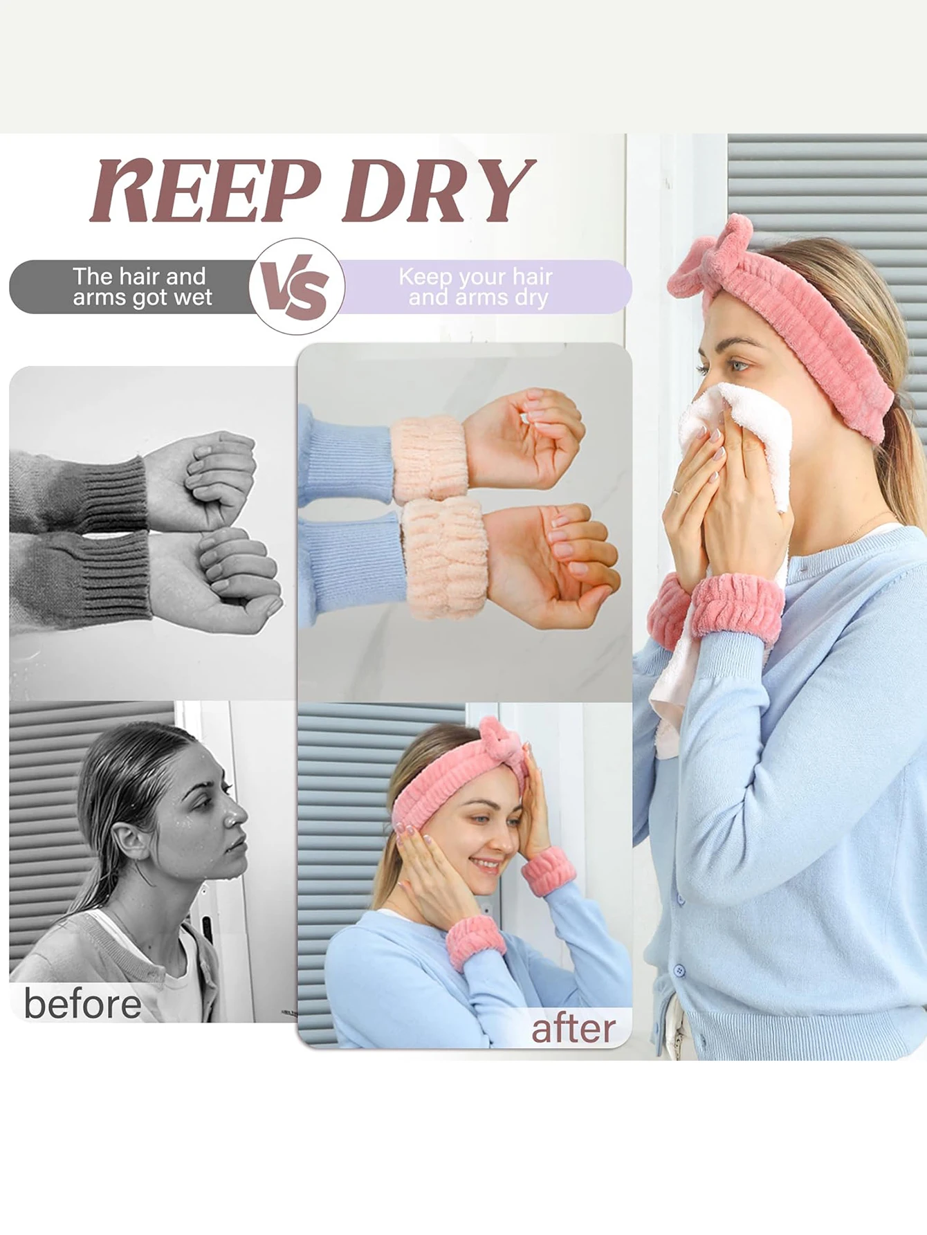 벨크로 헤드밴드 + 리본 헤드밴드 6피스 세트, 벨크로 헤드밴드 1개 & 리본 헤드밴드 1개 & 4피스 손목밴드, 모든 피부 타입에 적합