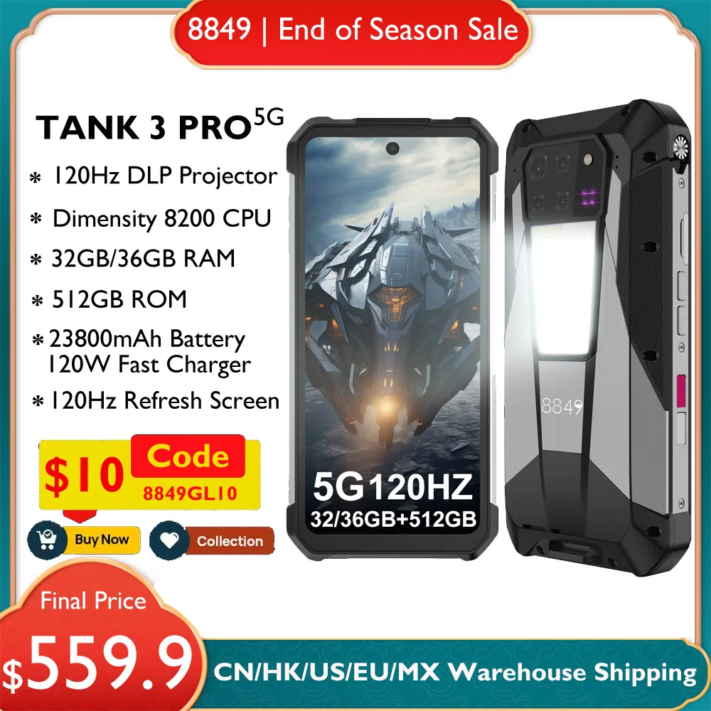 EU MX Warehouse 8849 Tank 3 Pro por Unihertz Smartphone robusto 5G com projetor de 100 lúmens 32/36GB 512GB 23800mAh telefones celulares