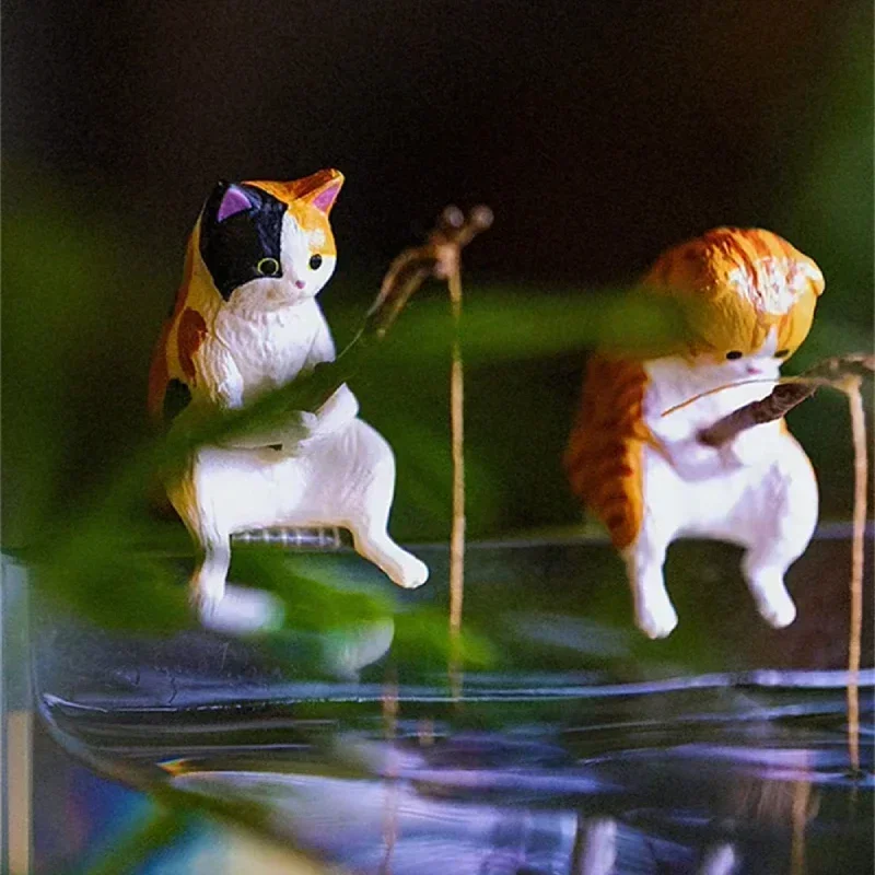 Cute Cat Resin Ornament Decorative Cats Fishing Figurine Cat Sculpture Sitting Fishing Little Furnishings for Aquarium Home