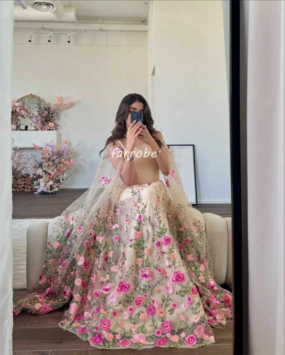 Customized Intricate Classic Tulle Applique Flower A-line Off-the-shoulder Long Dresses Bespoke Occasion Dresses Matching Classi