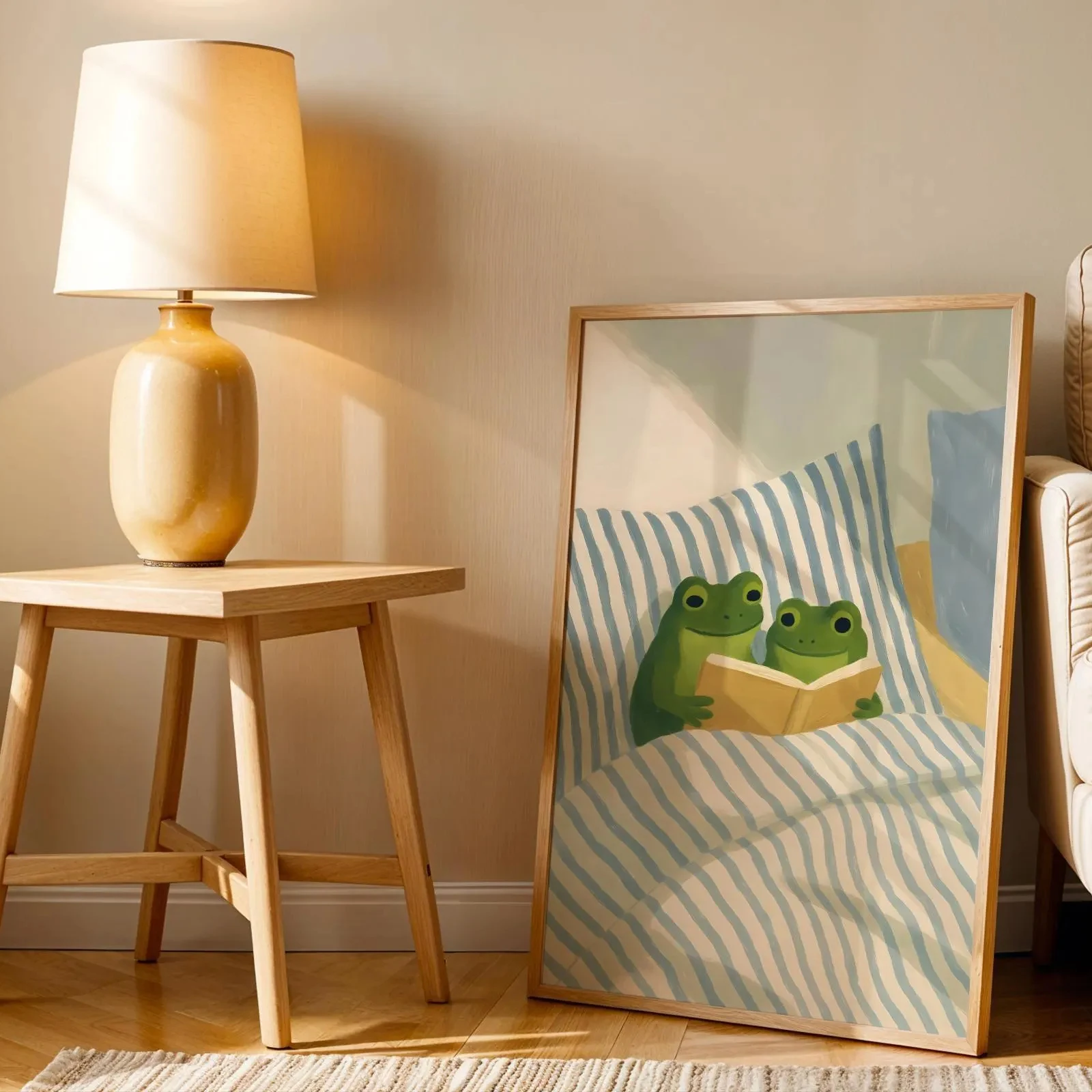 Frog Reading Book in Bed Canvas Poster Funny Animal Wall Art Retro Aesthetic Bookish Illustration Print Bedroom Bookshelf Decor