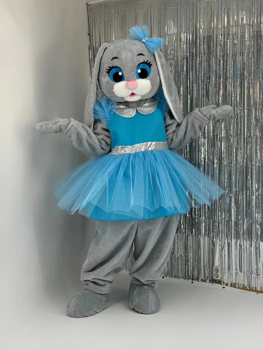 Sky Blue Dress Bunny Grey Rabbit Mascot Costumes Cartoon Cosplay Costumes Birthday Character Party Maskote theme Anime Carnival