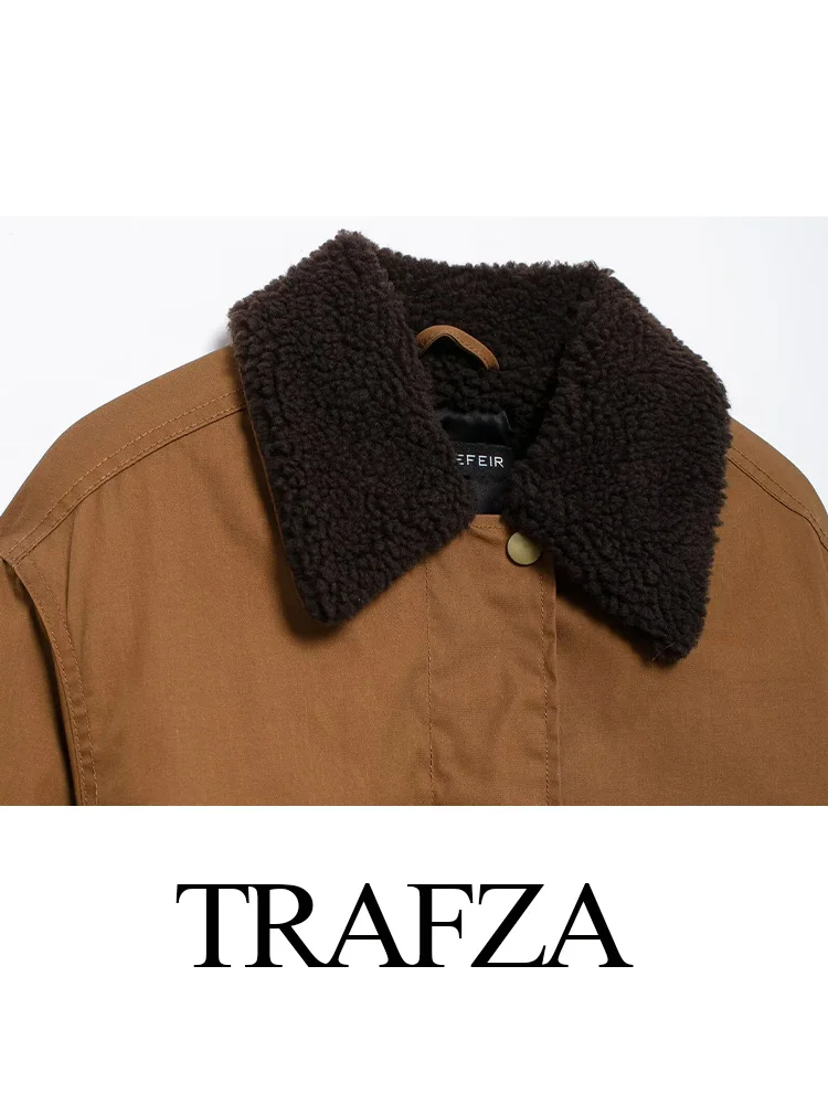 TRAFZA-Vestes Élégantes à Simple Boutonnage pour Femme, Couleur Unie, Col Rabattu, Manches sulf, Poches, Fermeture Éclair, Collection Automne