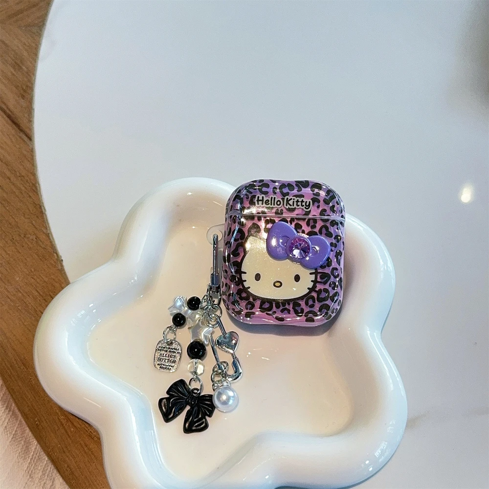 3D süße Sanrio Hello Kitty Leopardenmuster Schleife Kopfhörerhülle für Airpods 4 2 3 1 Pro 2, kabellose Bluetooth-Headset-Schutzhülle