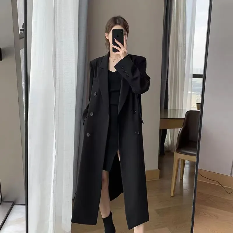 

Spring Autumn New Long Blazer Windbreaker Jacket Women's Overcoat Casual Mid-Length Double-Breasted Suit Slim Trenchcoat Coat