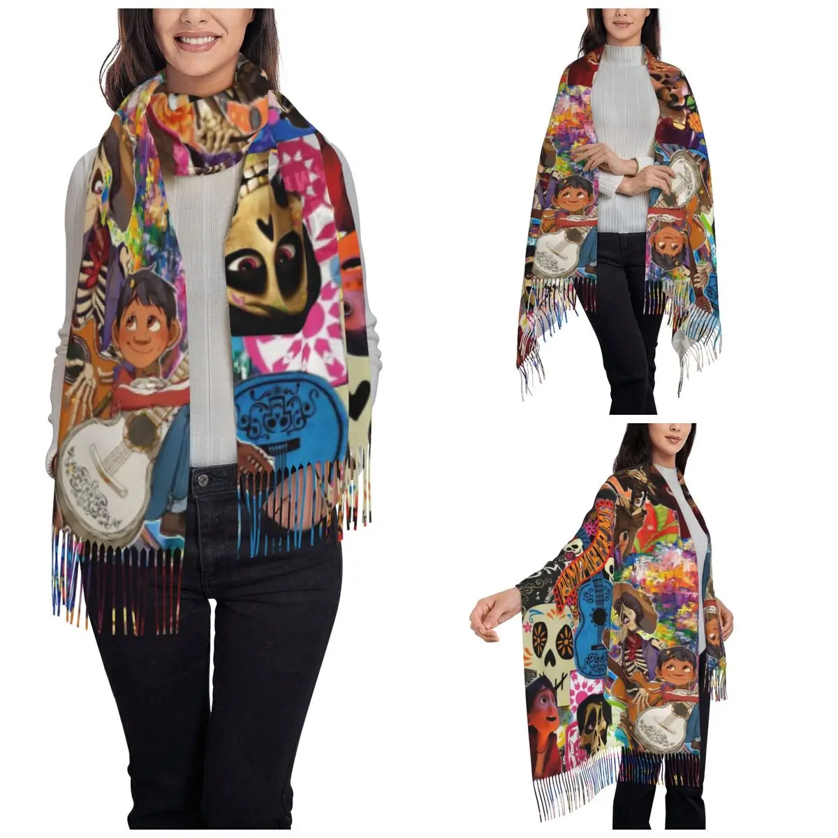 وشاح نسائي مع شرابة كوكو ميغيل الهياكل العظمية الأزهار طويلة شال ناعم والتفاف القطيفة يوم الموتى ارتداء اليومي وشاح الكشمير #2