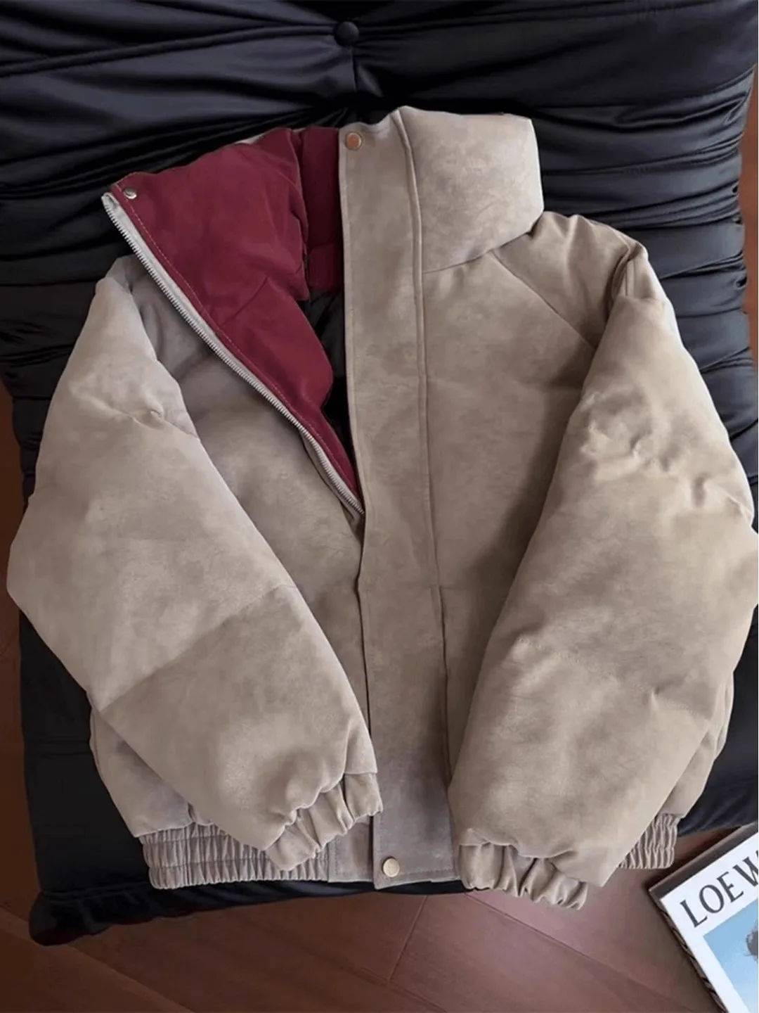 

ey Red Inner PU Leather Jaet Cotton Coat Men's Winter Fce Lined Thi Warm Cotton Clothes ort Bread Sle Coat