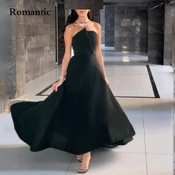 Romantic Black Chiffon Evening Dress Strapless Tea Length A Line Sleeveless Simple Long Prom Gowns  For Party Reception Women