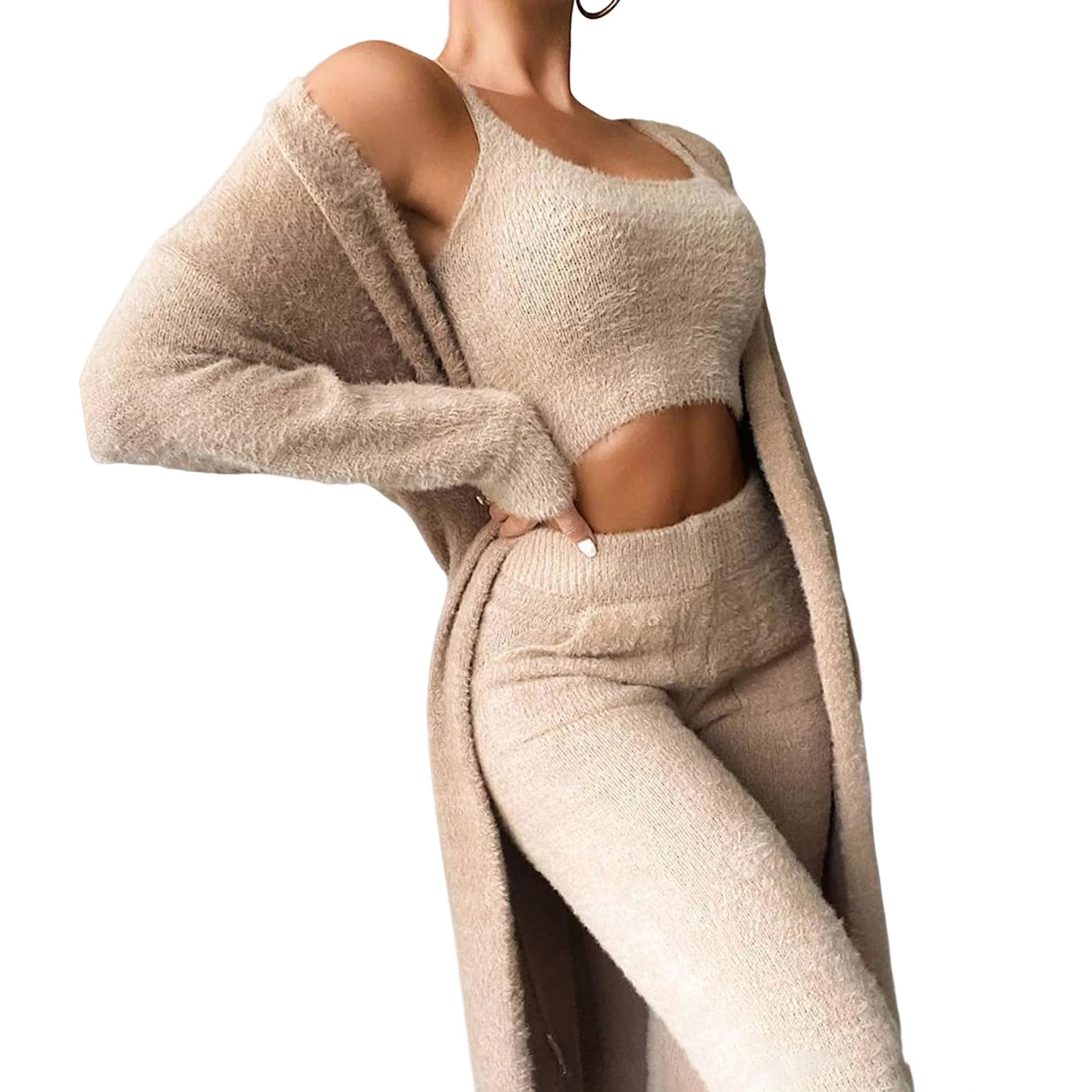 

Women's Fuzzy Pajamas 3pc Suit Hooded Cardigan Crop Top for Night Going Out Wear