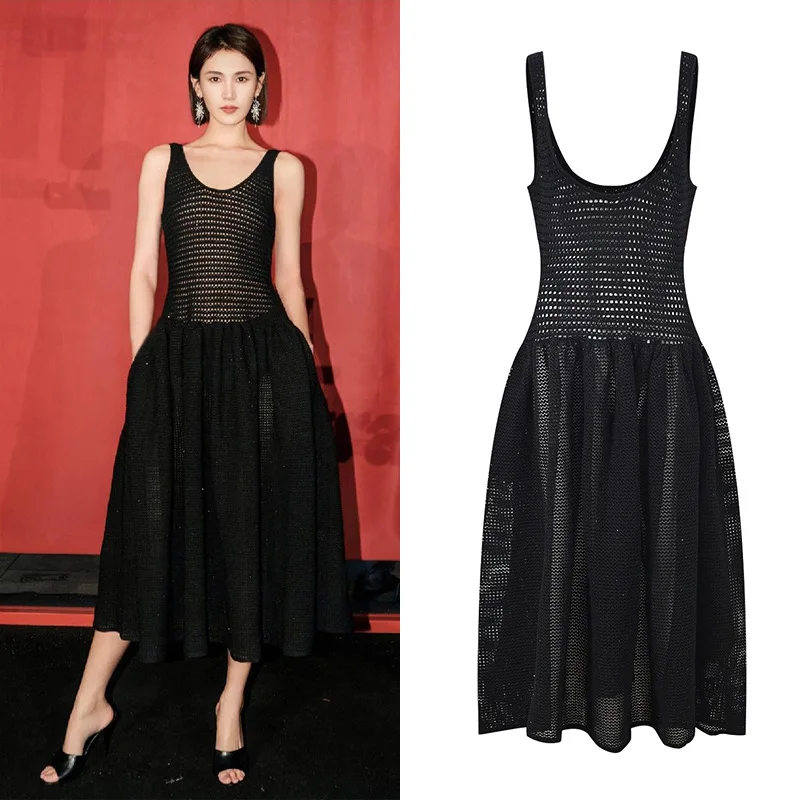 

Ele Bla Sexy Hollow out Svel Midi Knitted Umbrella Skirt Dr Unique 2024 Autumn Season Women's Faion Dr