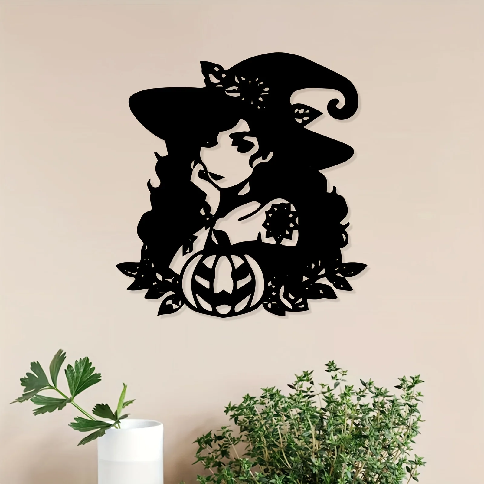 Gothic Witch Pumpkin Metal Wall Sculpture Mystical Statue Iron Weather-Resistant Indoor Halloween Autumn Harvest Decor Gift