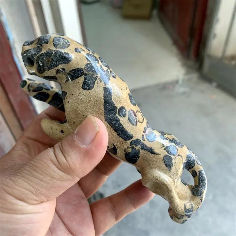 Natural Leopard Print Stone Cheetah Carving Animal Figurine Healing Reiki Gemstone Crafts For Christmas Gift 1pcs