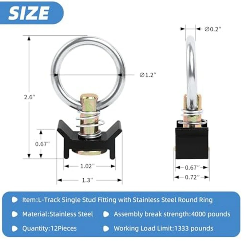 Enkele Stud Fitting L Track 4.000 Pond Capaciteit Met Roestvrijstalen Ronde Ring Aluminium Keeper Lading Controle, 12 Stuks Zwart