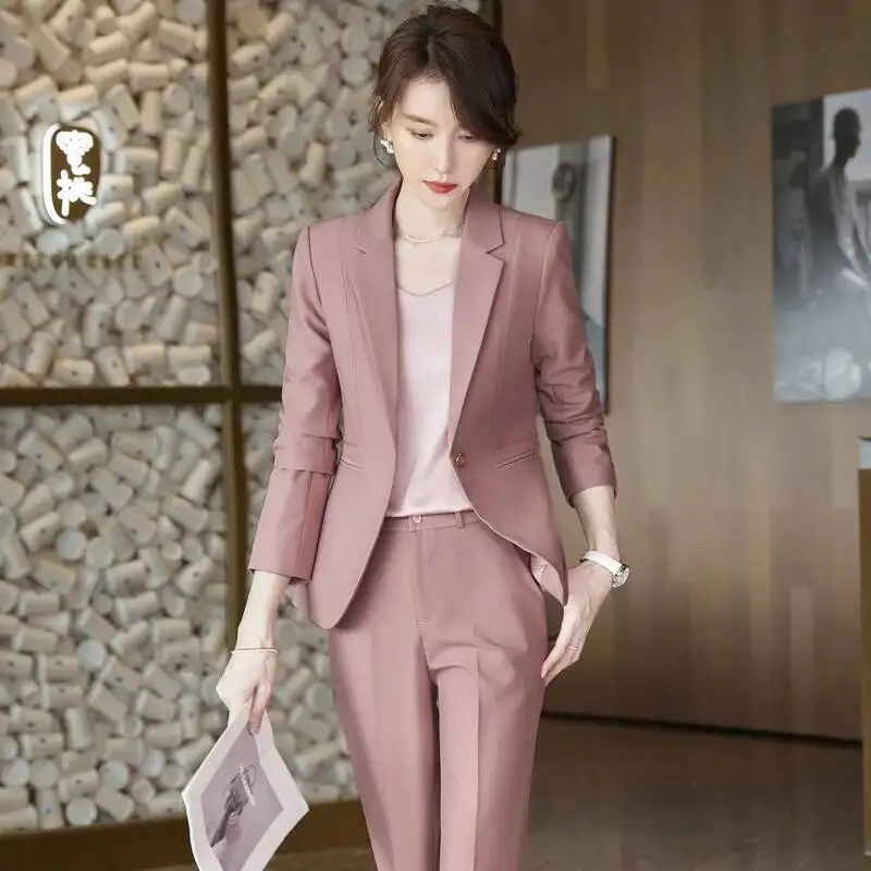 Uniform Styles Formal Pantsuits for Women Elegant Pink Professional Blazers Business Career Interview Outfits Trousers Sets