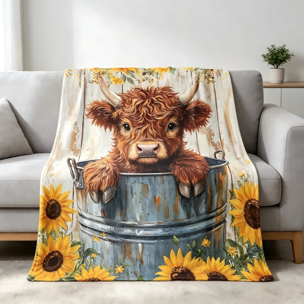 1pc Cute Highland Cow Blanket Gifts Cute Animals Flower Pattern Flannel Blankets for Girls Boys Dog Lovers Gifts Four Season Use