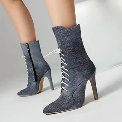 Stivali a spillo da donna stivaletti in Denim Sexy stringati scarpe con tacco alto sottile 2024 calzature autunno inverno