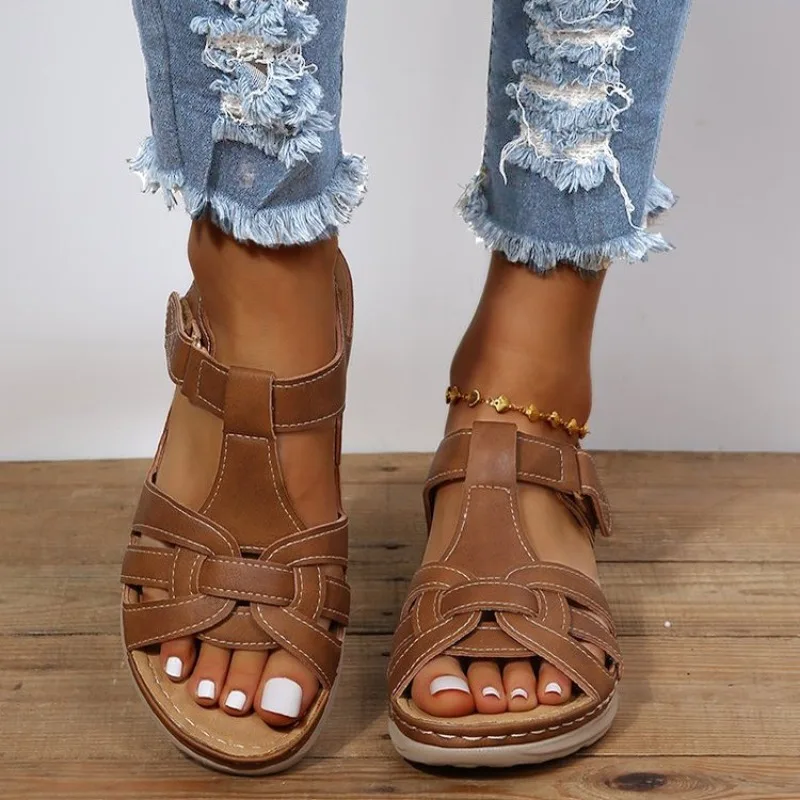 2024 Hot Sale Ladies Shoes Open Toe Women's Sandals Summer Rome Hollow Solid Outdoor Casual Comfortable Beach Wedge Sandals image 4
