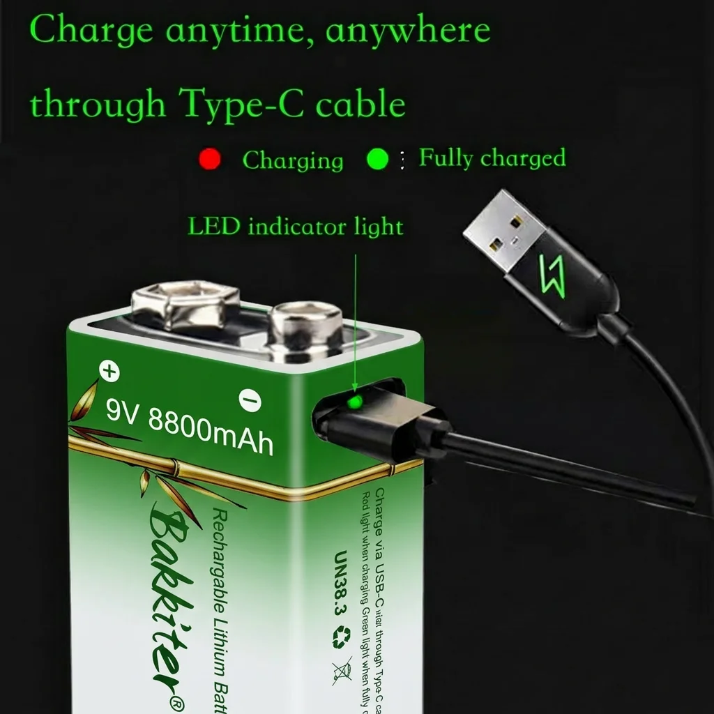 9V Long-Lasting Lithium Ion Rechargeable Battery 8800mAh High Capacity for Guitar Microphone Smoke Detector Pedal with Cables