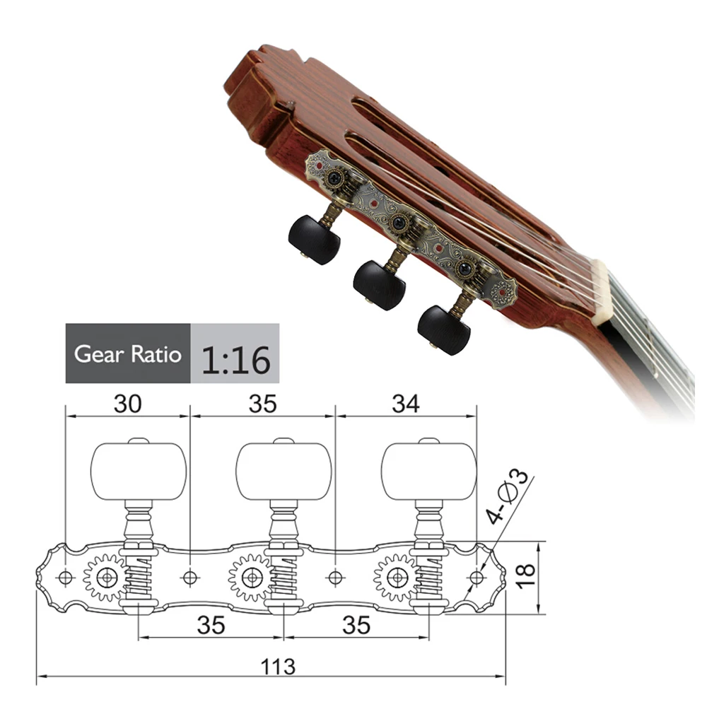 Alice 2 Pcs (L&R) Classical Guitar Tuning Peg Bronze Plated Acoustic Guitar Machine Heads 1 : 16 Tuning Keys Knobs String Tuners