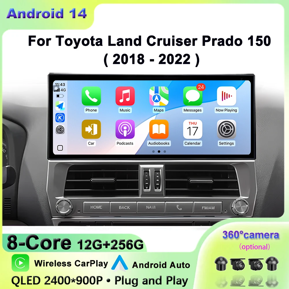 

Android автоматический сенсорный экран для Toyota Land Cruiser Prado 150 2018-2022 беспроводной мультимедийный дисплей CarPlay 12,3 дюйма DSP стерео