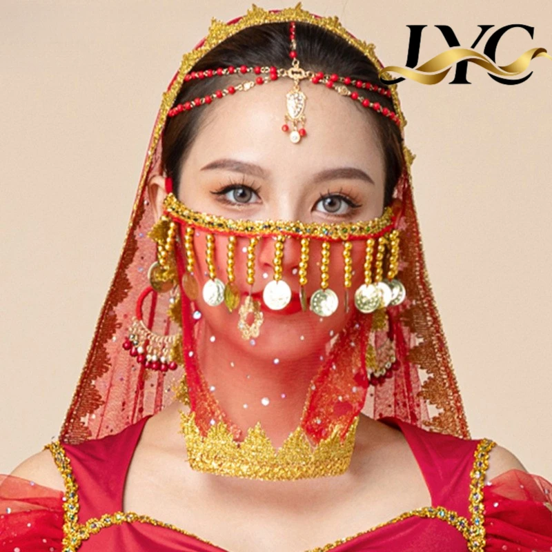 Écharpe de danse du ventre orientale d'halloween pour femmes, masque en voile perlé de Style Hanfu ancien