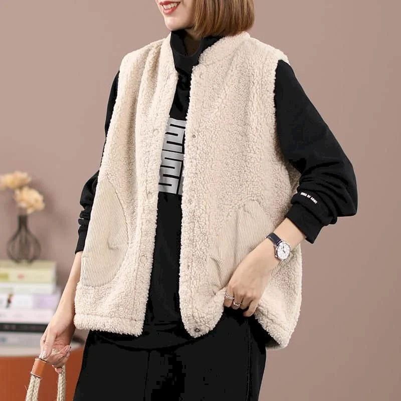 Fleece Waistcoats for Women Plush Vests O-neck Casual Sleeveless Cardigans Oversized Single Breasted Jackets Loose Women Tops