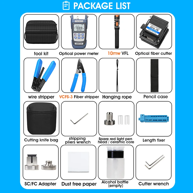 Imagem -02 - Ftth Fibra Óptica Tool Kit com Cutelo Visual Fault Locator Power Meter Aua7s-70+ 10dbm 10mw 19 Pcs Set