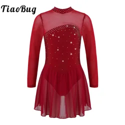 Kids Girls Shiny Rhinestone Ballet Dance Dress Long Sleeves Keyhole Back Figure Ice Skating Roller Skating Competition Leotard