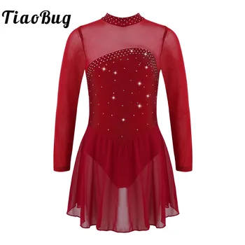 Vestido de baile de Ballet con diamantes de imitación brillantes para niñas, leotardo de competición de patinaje sobre hielo con abertura en la espalda y mangas largas
