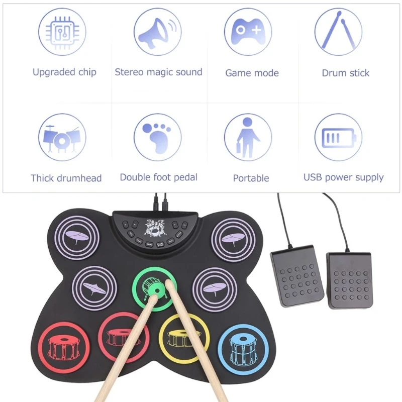 Electronic Drum Pads, 9 Pads Roll-up Practice Drum Set Built-in Speaker and Headphone Drum Sticks and Drum Pedals