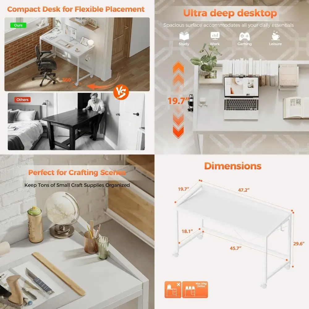 

Compact Rolling Gaming Desk, 48 White Modern Home Office Desk with Wheels for Study and Writing
