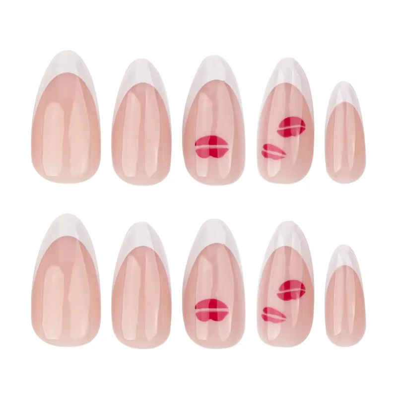 24 Pcs French White Nails Acrylic Press on Full Set Short Almond Presson Nails Romantic Red Lipstick Nail Tips 2024 Fake Nails