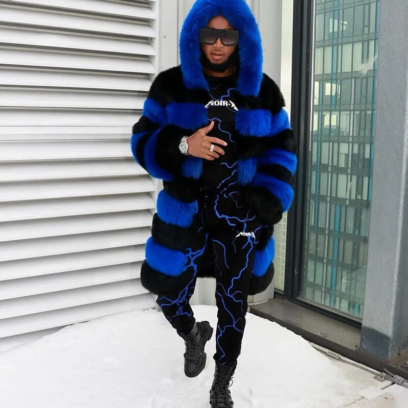 

Fashion Men Real Fox Fur Hood Jackets Long Multicolor New Fluffy raccoon Fur Winter Overcoat Thick Warm Silver Fox Leather Coat