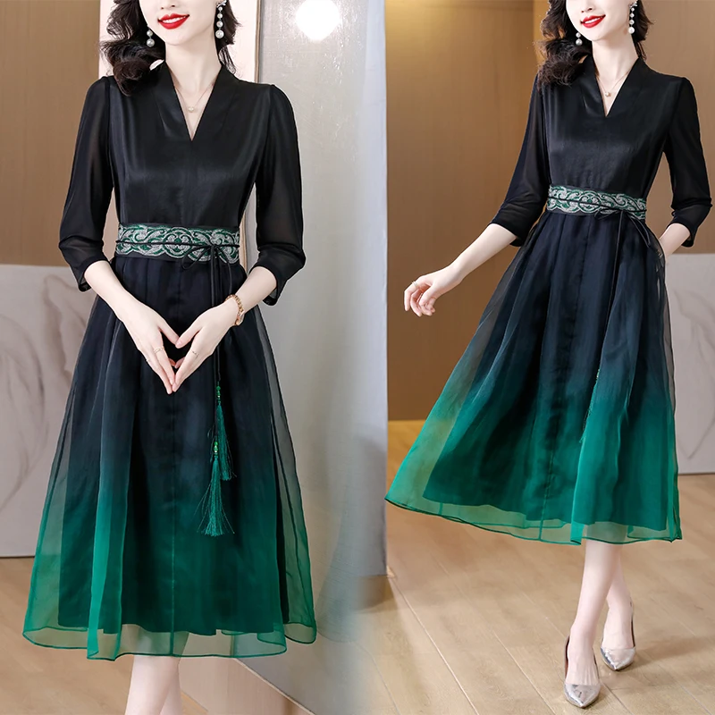 2023 New Fashion Silk Dress Women's Spring Versatile V-neck Loose Fit Waist Shrinking Casual Party Dress Vestidos