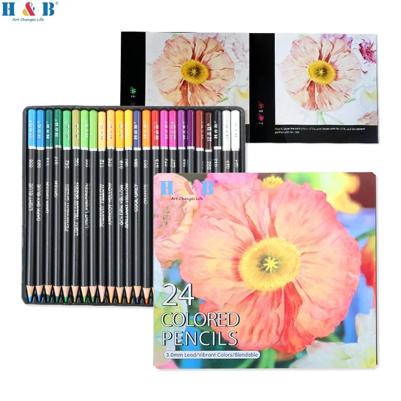 Lápis H & B-Color para crianças e adultos, conjunto profissional de desenho oleoso, esboçando colorir, papelaria escolar, estudante, adulto, 24pcs