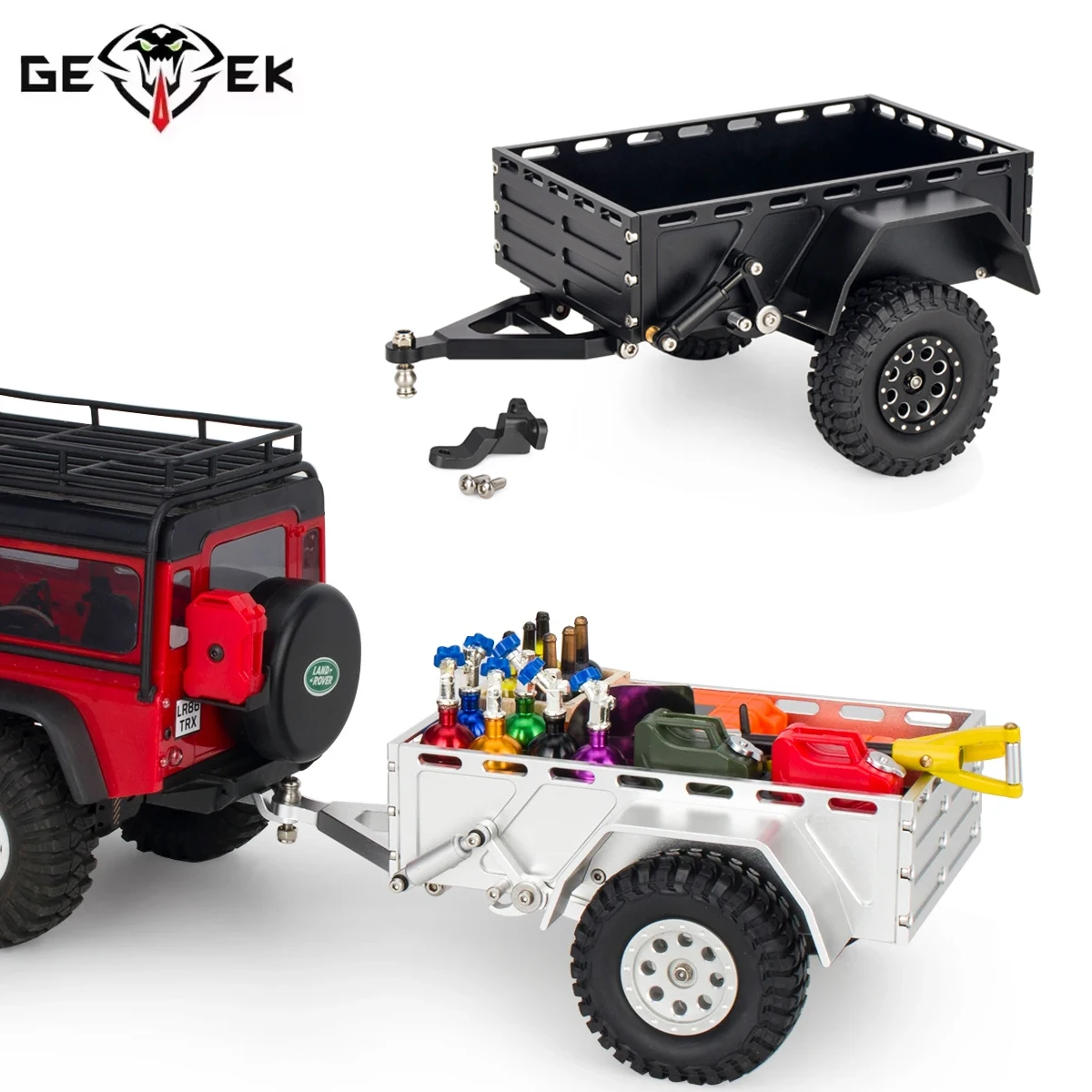 Aluminum TRX4M Utility Trailer with Hitch Mount for 1/18 RC Crawler Car TRX4-M Defender Bronco K10 High Trail Scale Accessories