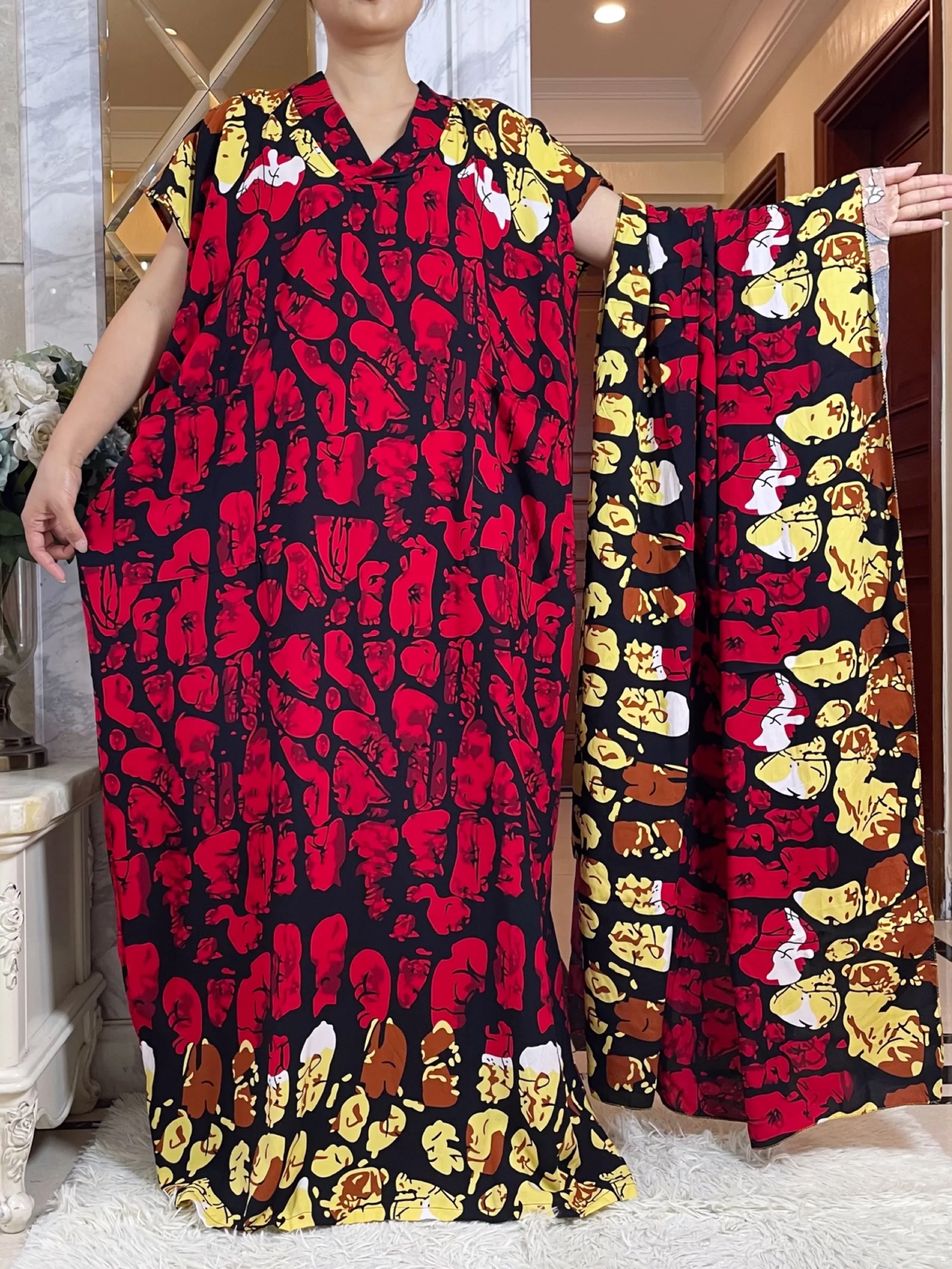 2024 New African Women Dashiki 100% Cotton Floral Dress With Oversize Scarf Short Sleeve Maxi Loose  Muslim Elegant Abaya