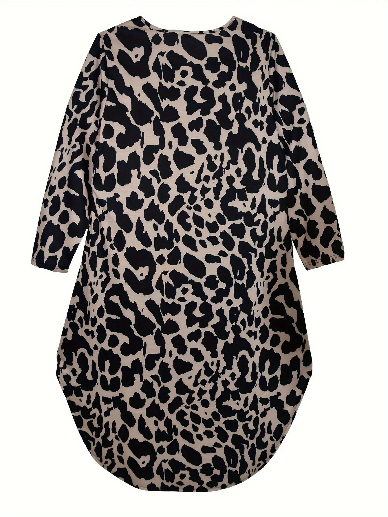 Plus Size Leopard Print Curved Hem Dress, Casual V Neck Long Sleeve Dress For Spring & Fall, Women's Plus Size Clothing