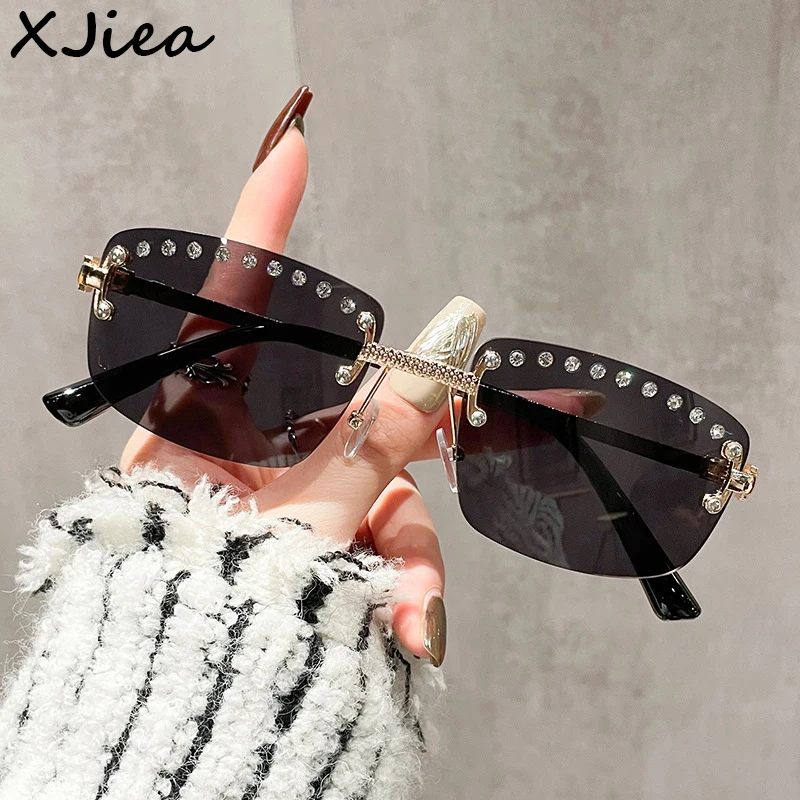 

XJiea Rectangular Rimless Sunglasses For Women Men Designer Fashion Rhinestone Sun Glasses Outdoor Lunette De Soleil Femme