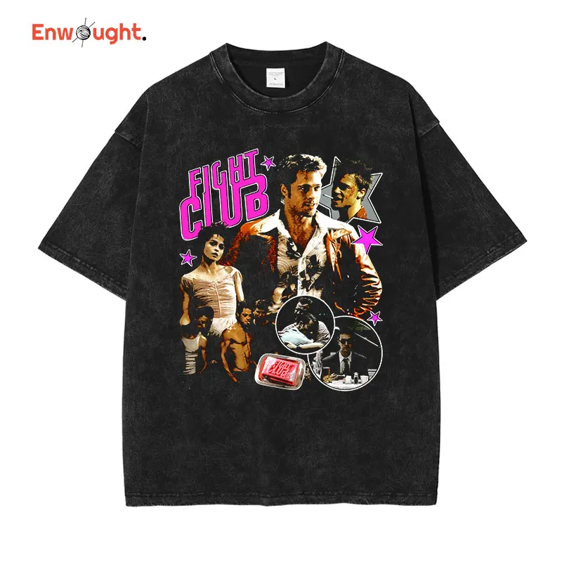 Movie Fight Club T Shirt Vintage Washed Hip Hop Old School Tops Tees Oversized T-shirt Short Sleeve Sweatshirts Man 100% Cotton