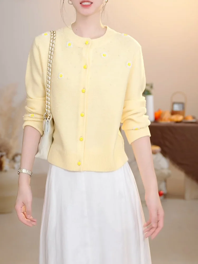 

Sweet Yellow Flower Knitwear Top Girls Sensation Countryside Sle Loose Fit Long Sve round Ne Warmth Bule Autumn New