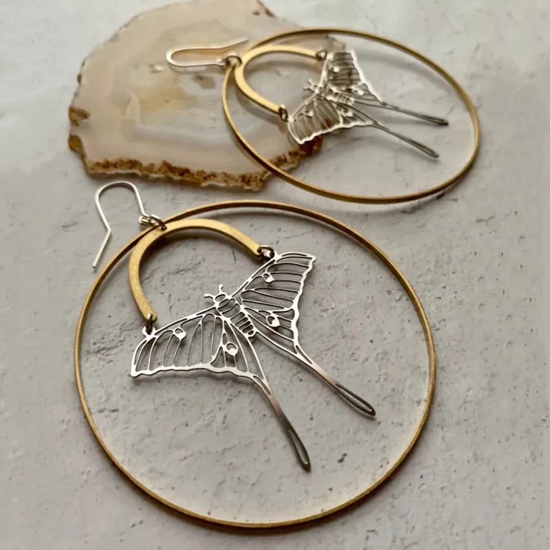 أقراط العثة، مجوهرات بوهيمية، حشرات، شمس، قمر، خرز أسود، تجهيزات نحاسية، فراشات، عثة مجوفة، خطافات أذن للنساء #2