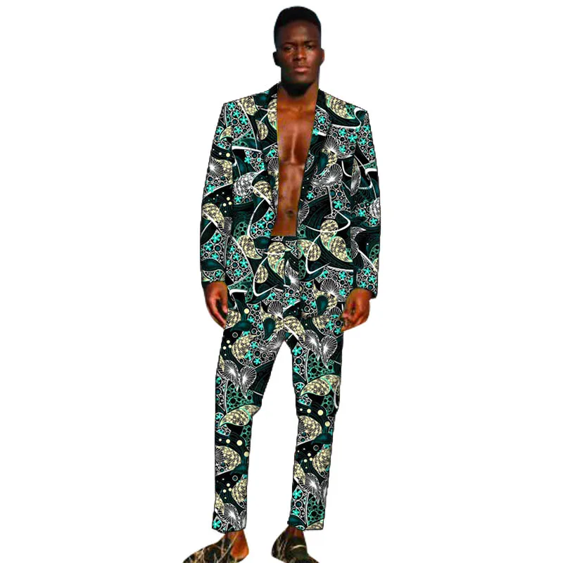 African Suits for Men Print Blazer and Pants Set Business Dress Suit with Kerchief Party Wedding Evening