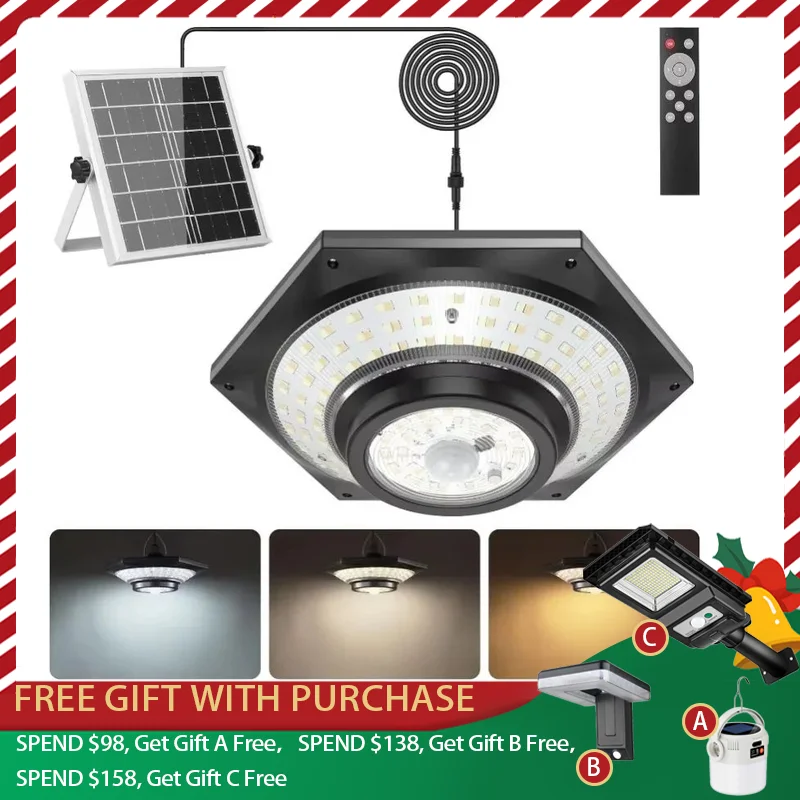 Solar Pendant Lights Outdoor Solar Shed Light Motion Sensor 288 LEDs Dimmable Indoor Barn Lamp Waterproof Gazebo Yard Garage Pat