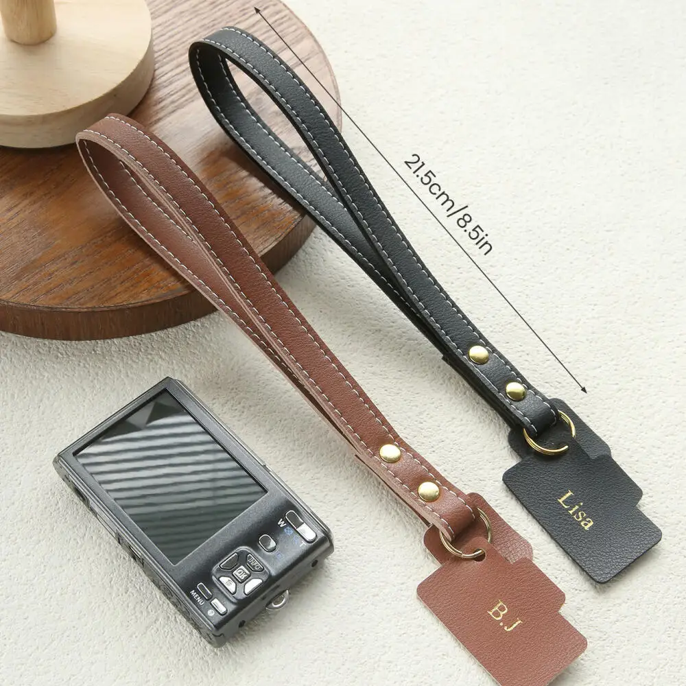 Custom Gold Hot Stamping Name Camera Wrist Strap Pu Leather Adjustable Hand Lanyard Anti-Lost Camera Strap Photographer Gift